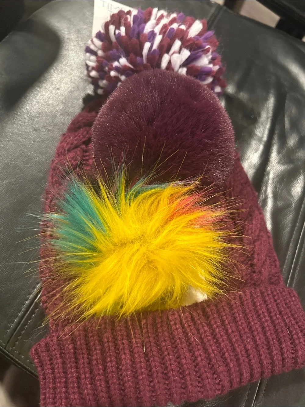 Maroon Knit Pom Beanie with Colorful Faux Fur Accent you pick Pom wear 3 ways